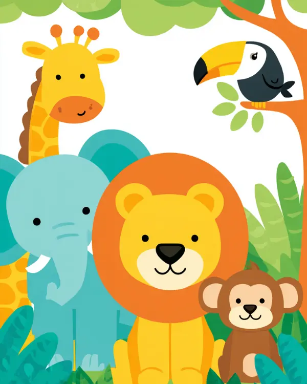 A cheerful lion stands with a giraffe, elephant, monkey, and toucan in a vibrant jungle setting.