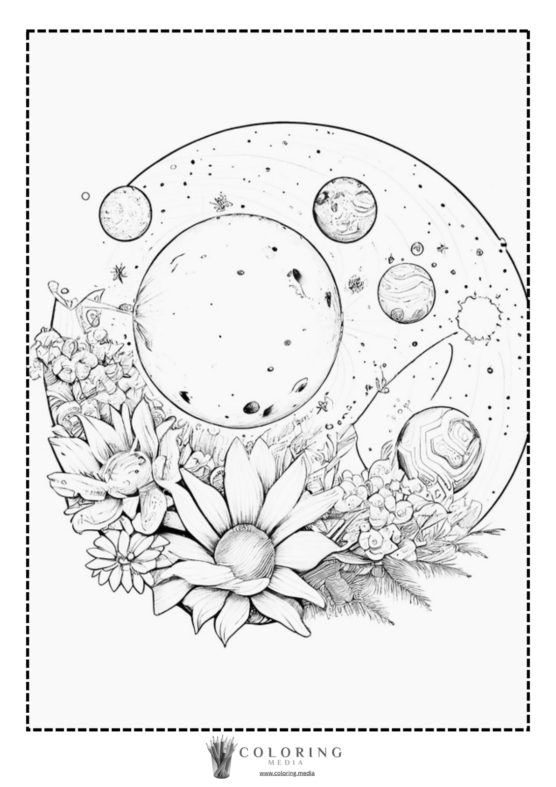 A cosmic scene featuring planets surrounded by various flowers and plants.