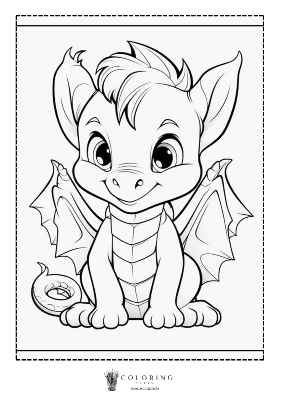 A cute cartoon dragon sits happily, ready to be colored.
