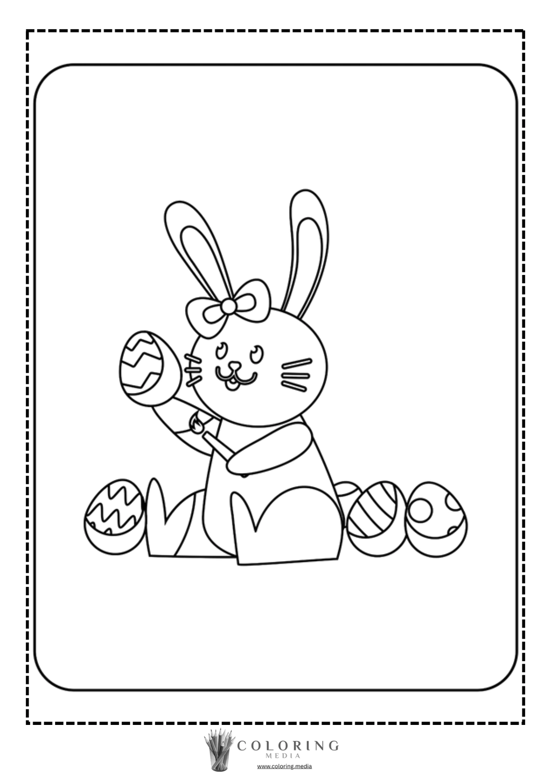 A cute bunny holds a decorated egg surrounded by more colorful eggs.
