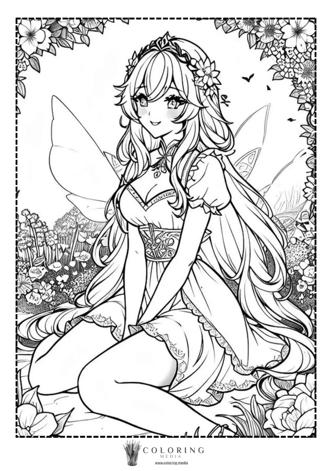 A smiling fairy with long hair sits among flowers, surrounded by nature.