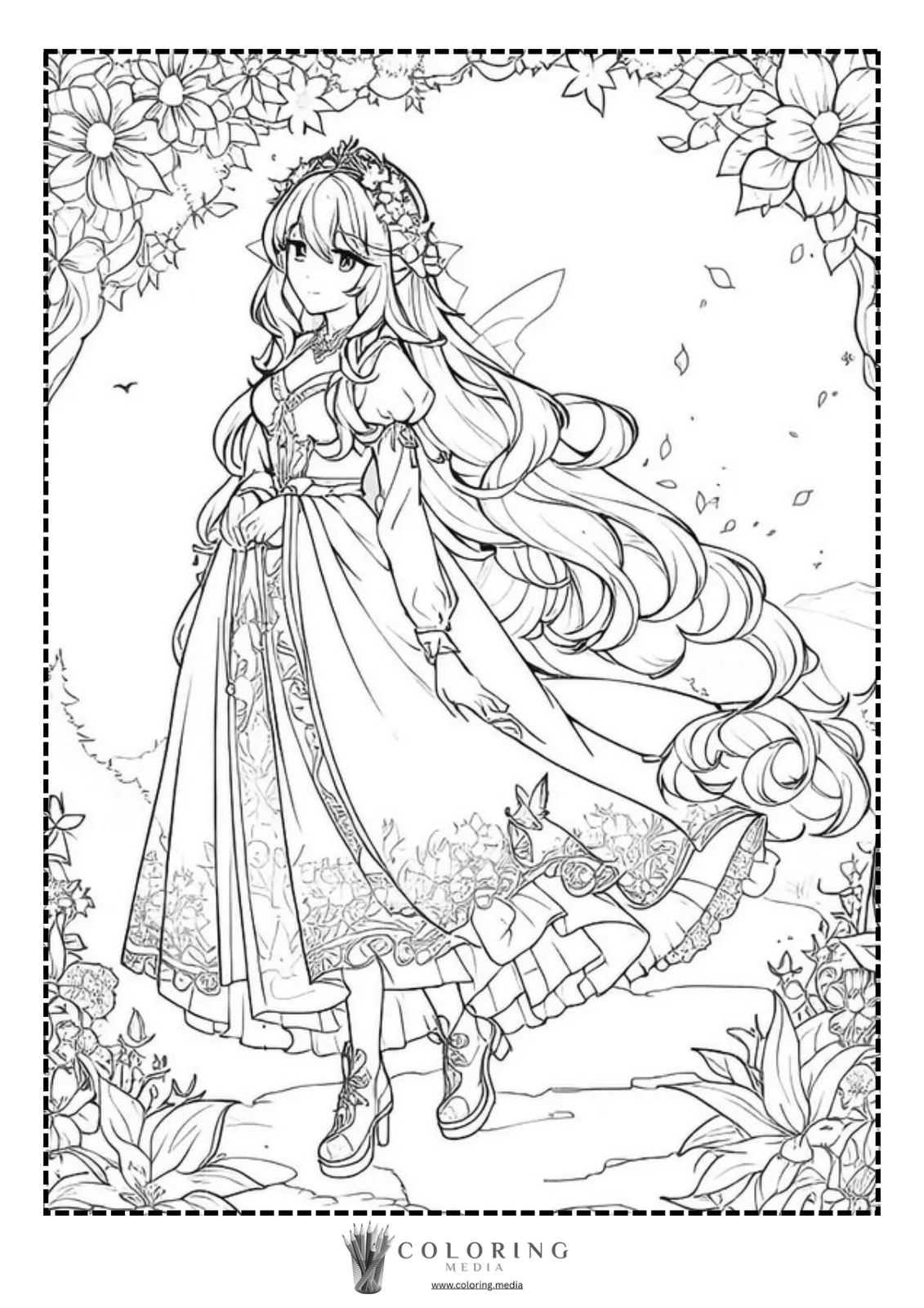 A girl in a flowing dress stands among flowers, ready to be colored.