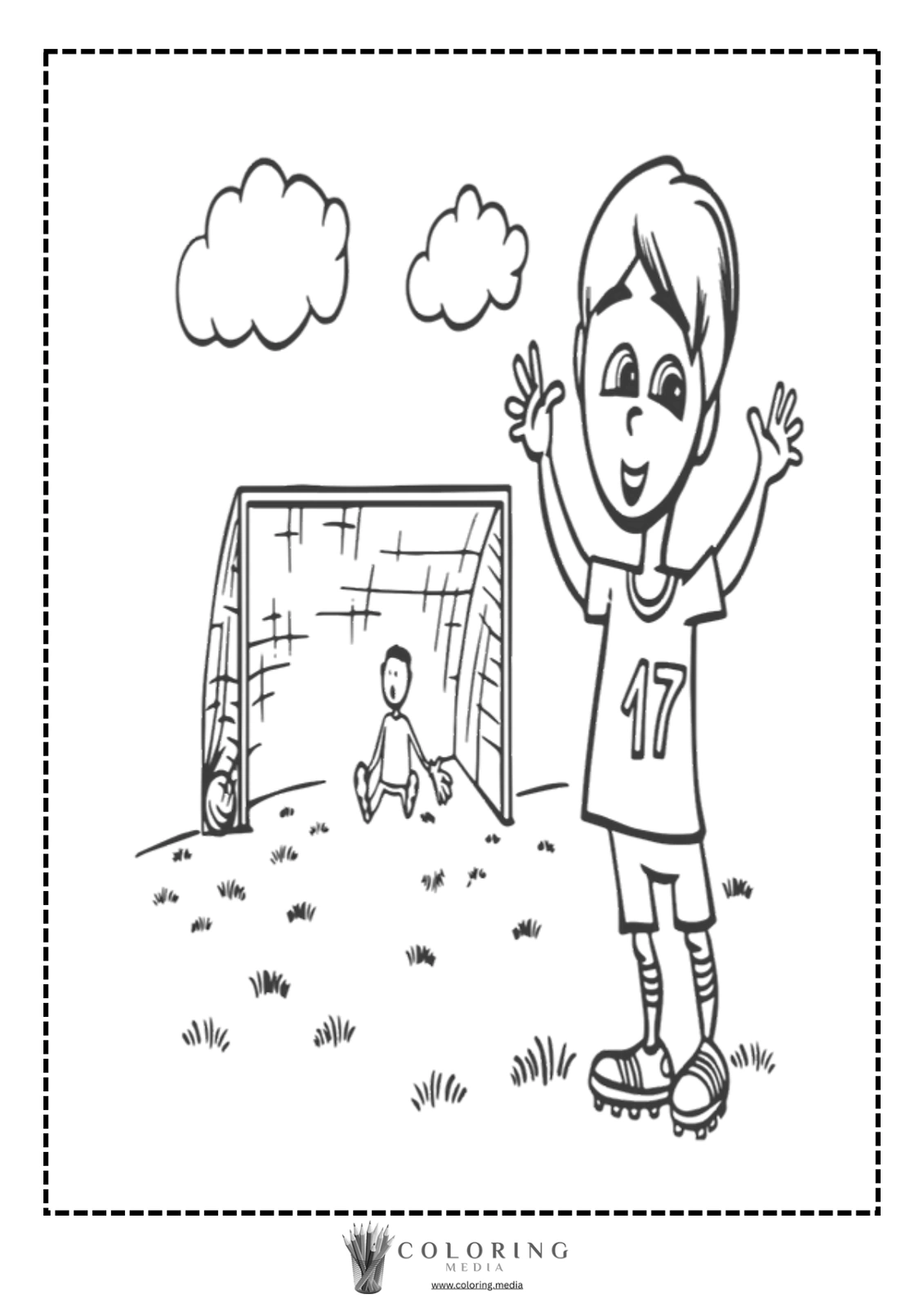 A boy in a soccer uniform celebrates a goal while a goalie sits behind him.