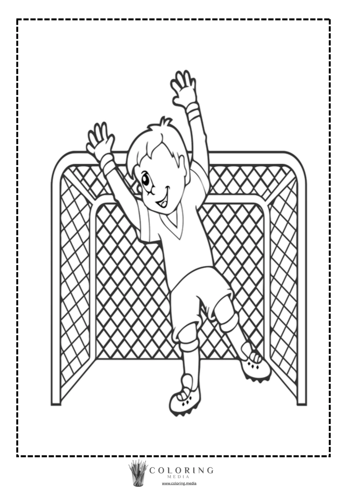 A young boy celebrates while hanging from a soccer goal.