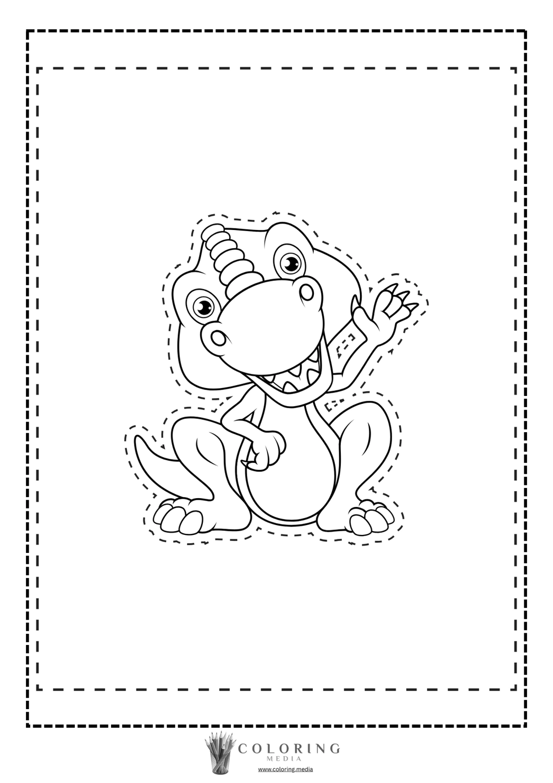 A cartoon dinosaur with a horn waves cheerfully, ready for coloring.