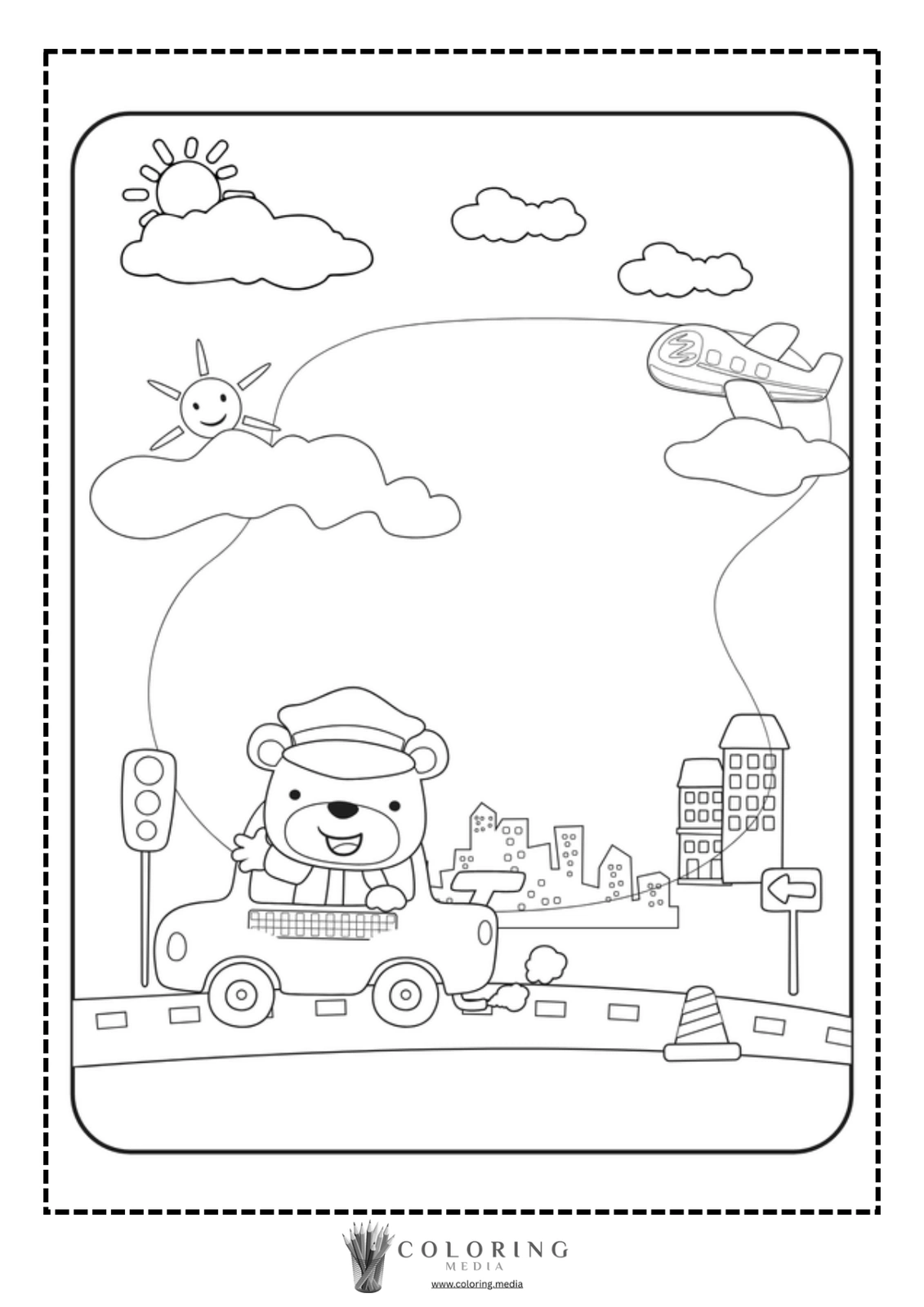 A bear in a car waves while driving through a cityscape.