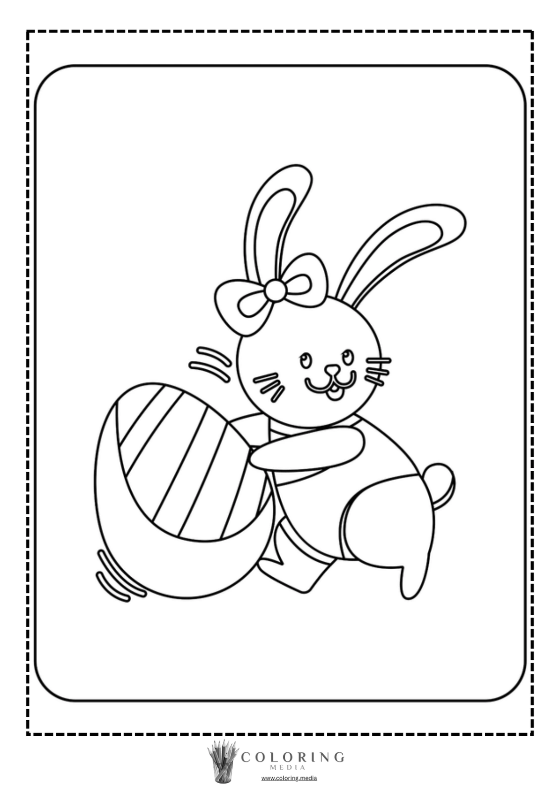 A cute bunny with a bow carries a decorated Easter egg.
