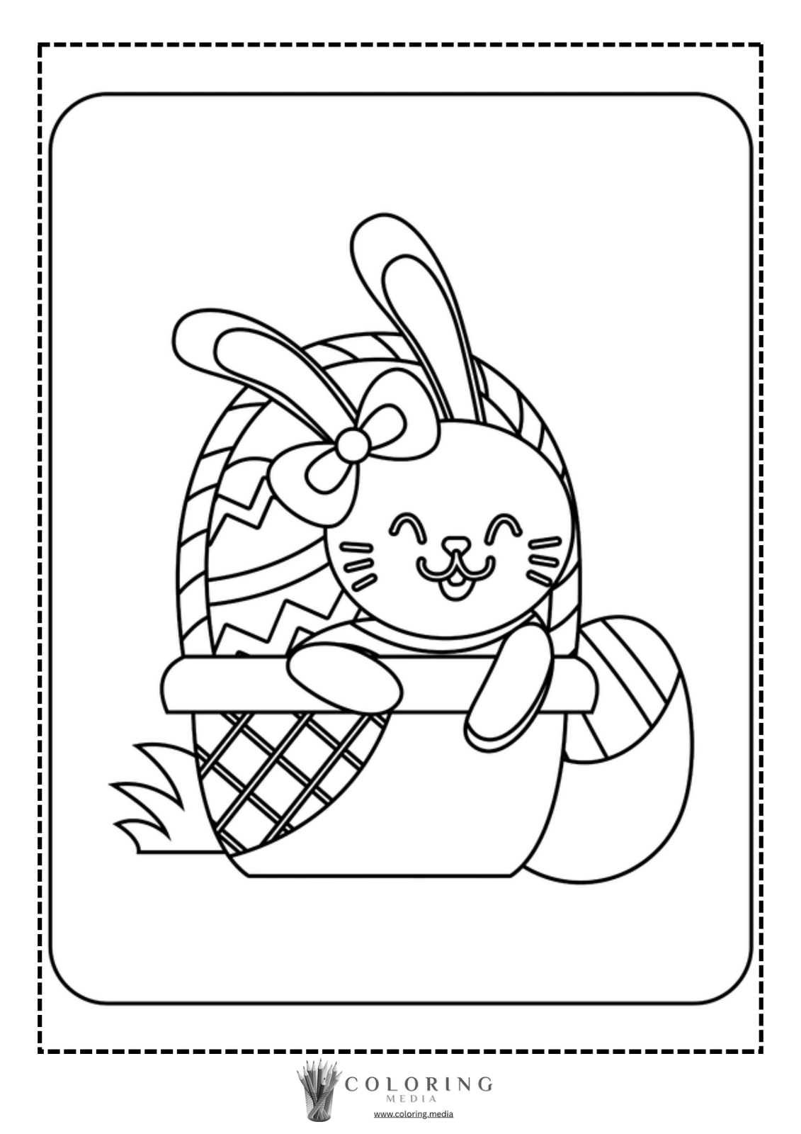A cheerful bunny sits in a decorated basket, ready for Easter.
