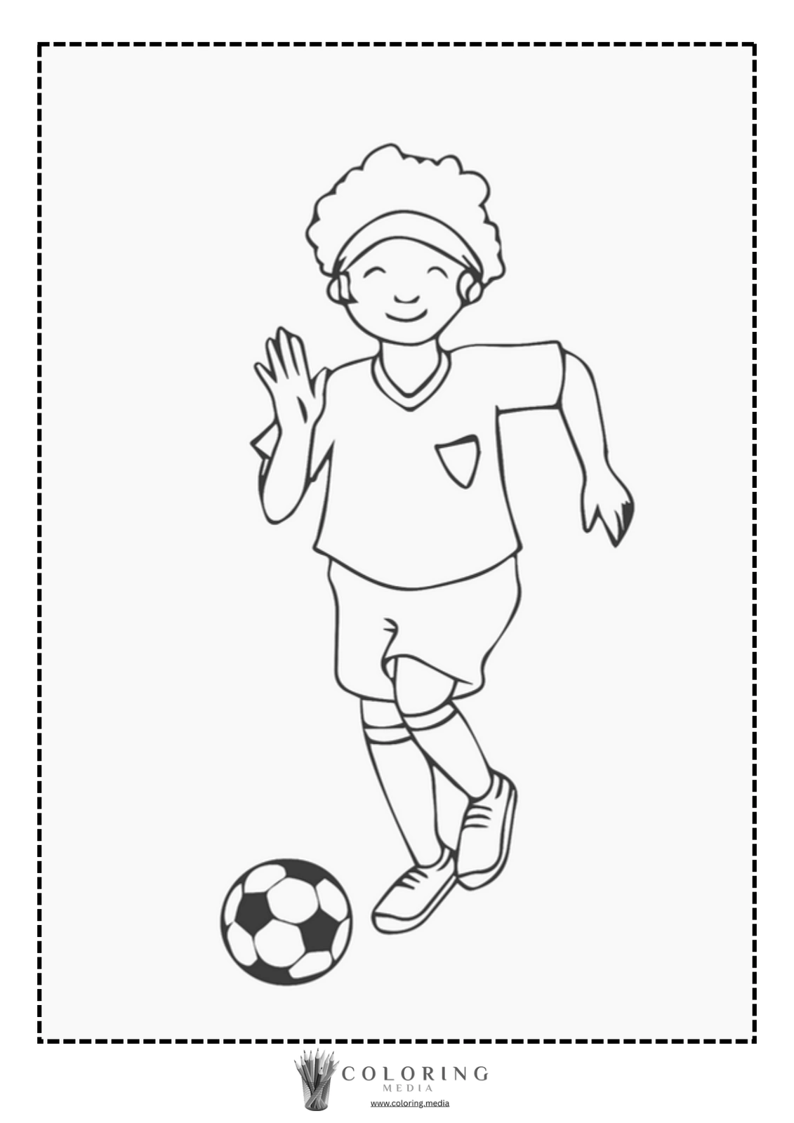 A smiling child in a soccer uniform waves while running toward a soccer ball.