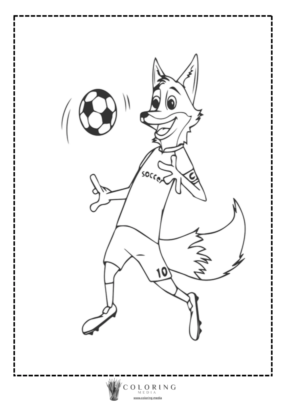 A cartoon fox in a soccer jersey is juggling a soccer ball.