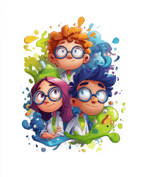 Three young scientists with colorful hair and glasses surrounded by vibrant splashes of paint.