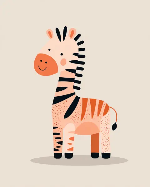 A cartoon zebra with orange stripes and a smiling face stands upright.