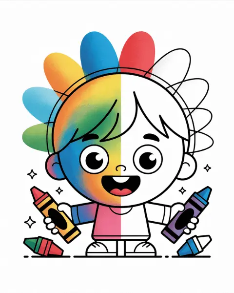 A cheerful child holds crayons, surrounded by colorful flower-like patterns.