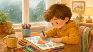 Child coloring at home on a rainy day