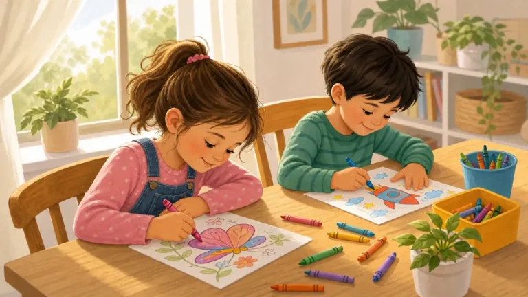 Kids doing indoor coloring activities at home