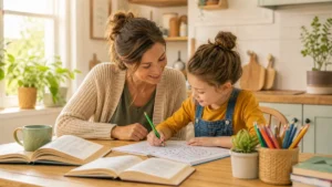 Parent and child homeschooling together at home