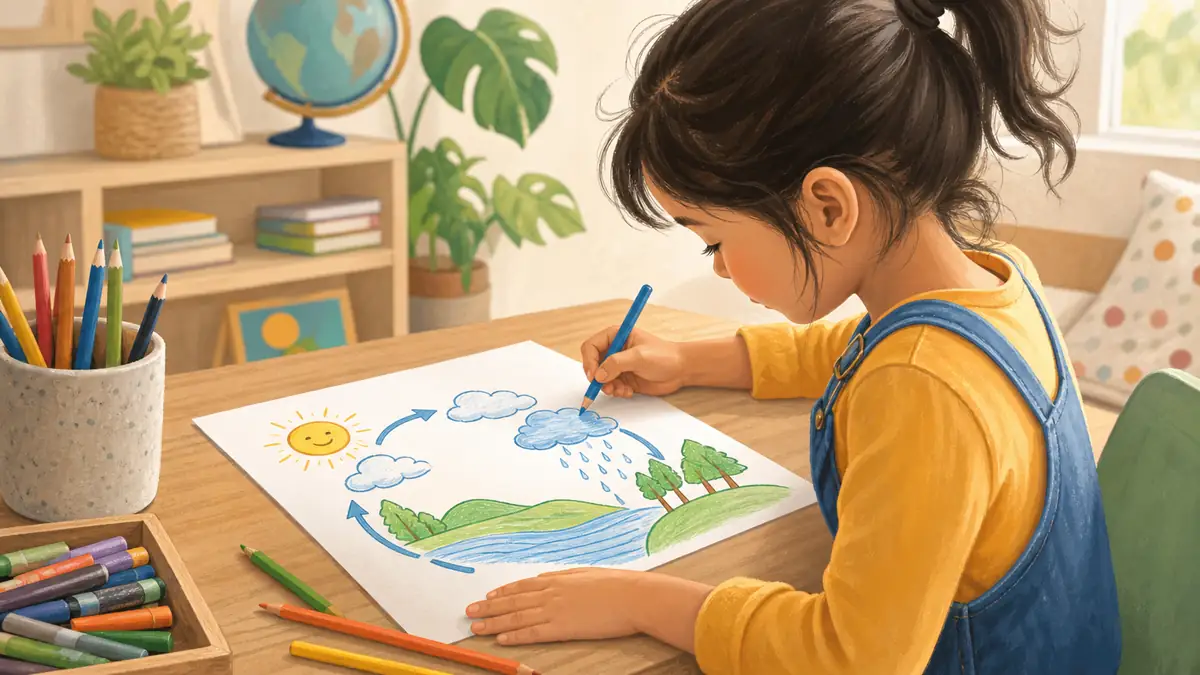 Child doing STEM coloring activity with science diagram