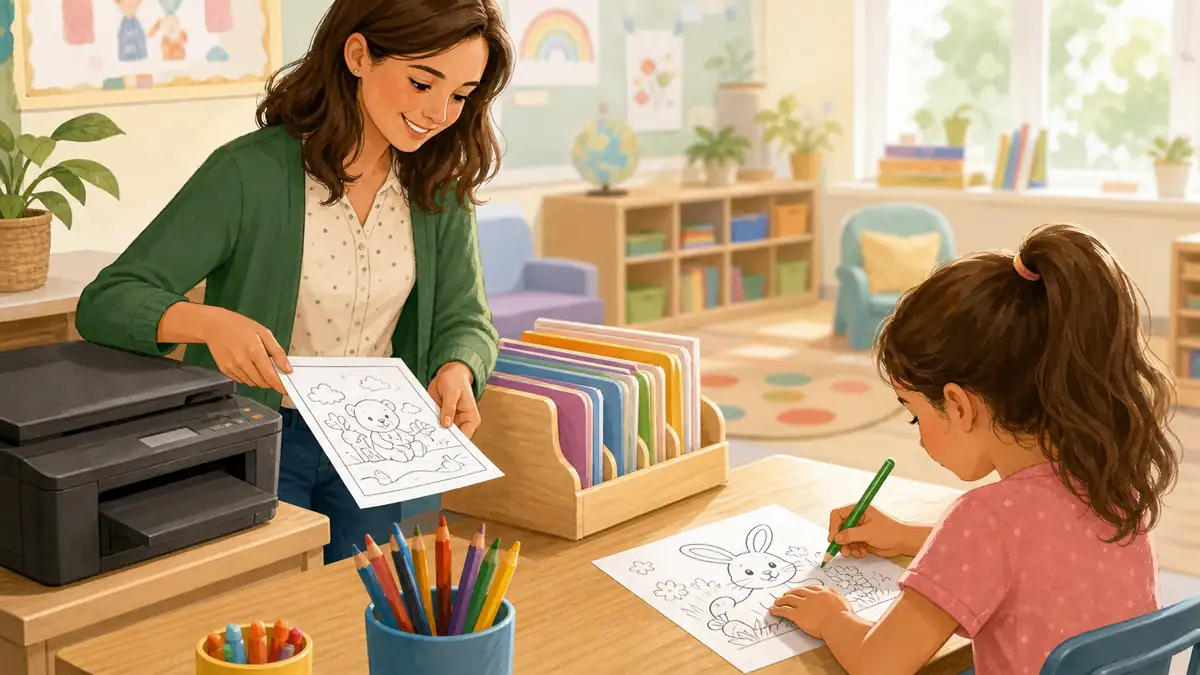 Teacher printing and organizing classroom coloring pages for the school year