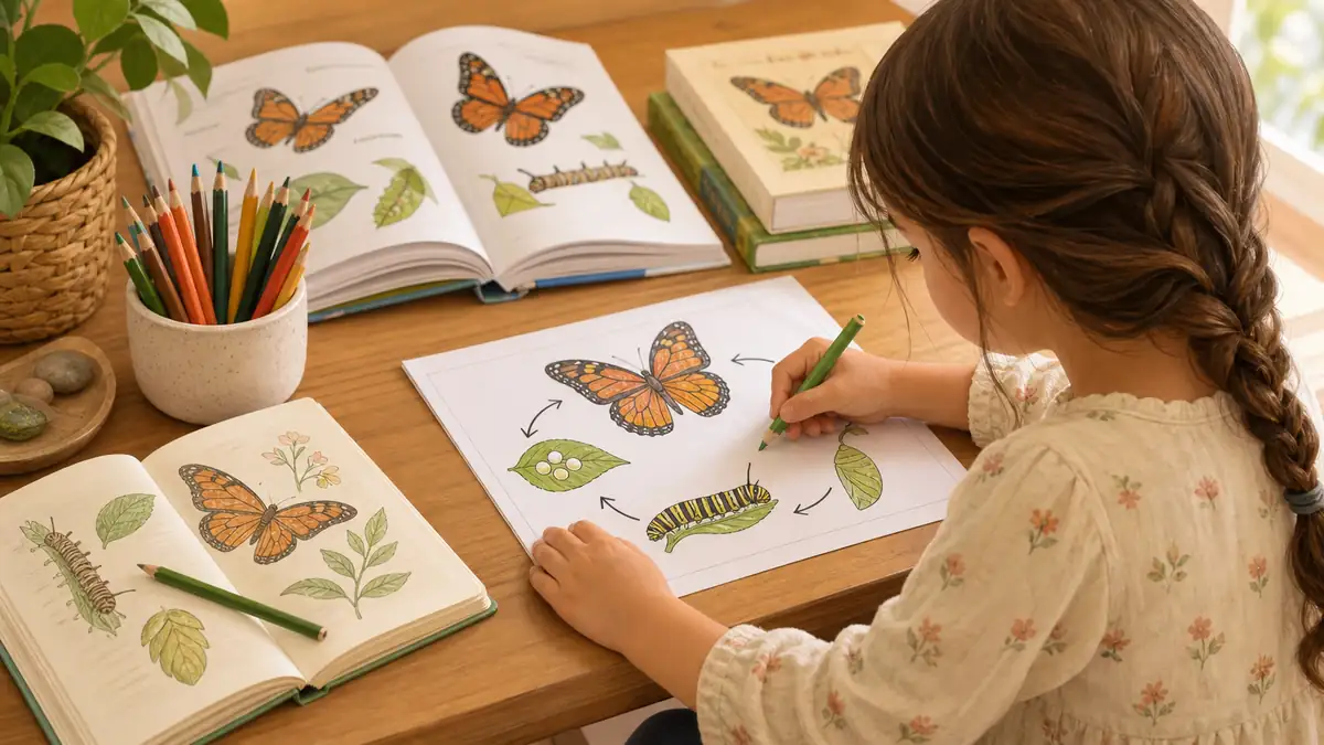 Homeschool butterfly unit study with coloring pages, books, and nature journal