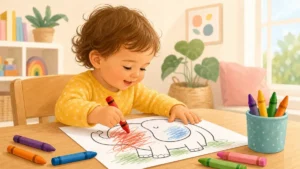 Toddler coloring with chunky crayons on bold simple coloring page
