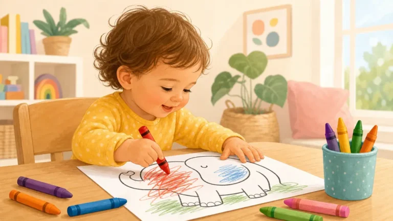 Toddler coloring with chunky crayons on bold simple coloring page