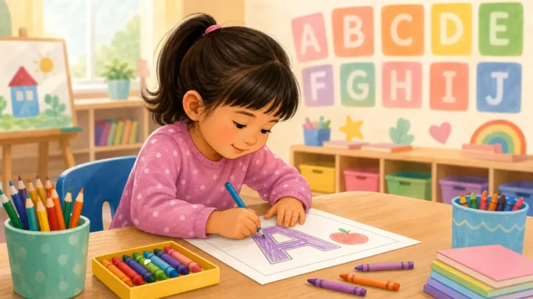 Kindergarten child coloring alphabet page for literacy and fine motor development