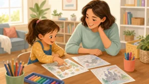 Parent and child choosing the right coloring page together