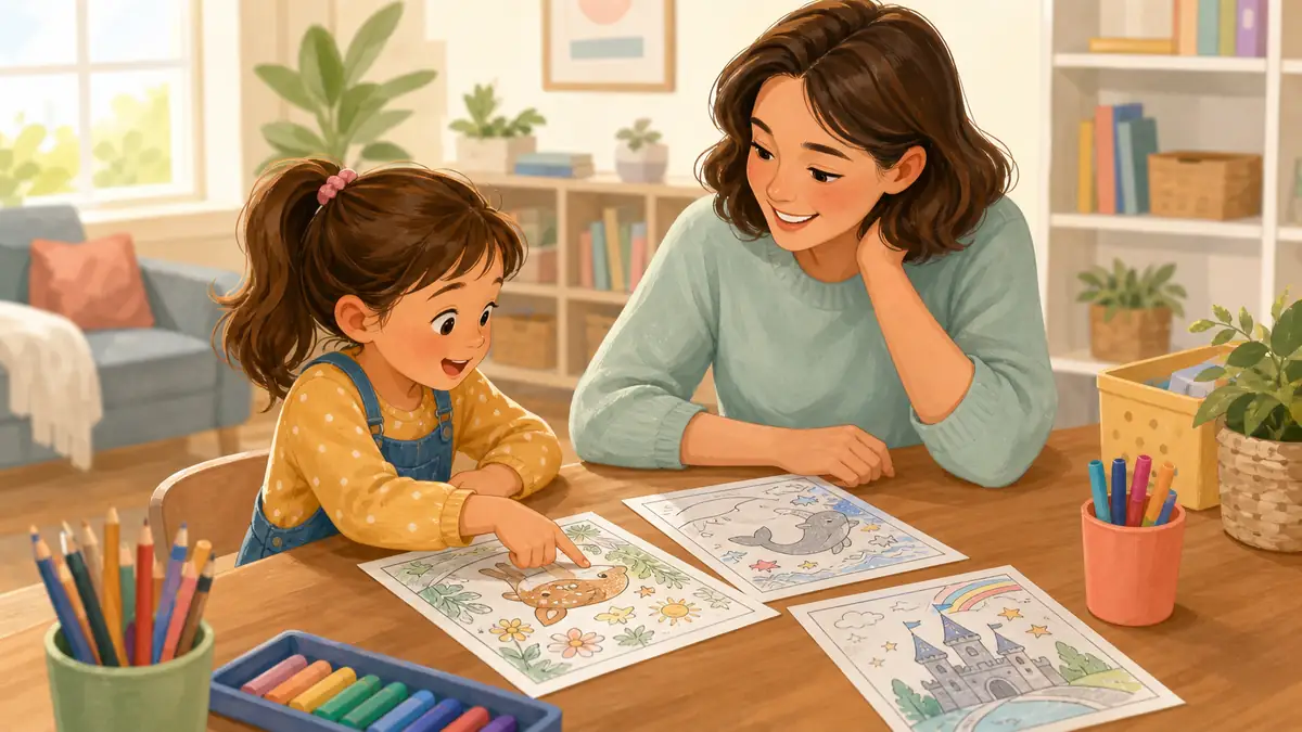 Parent and child choosing the right coloring page together
