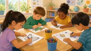 Students using classroom coloring pages for learning activities