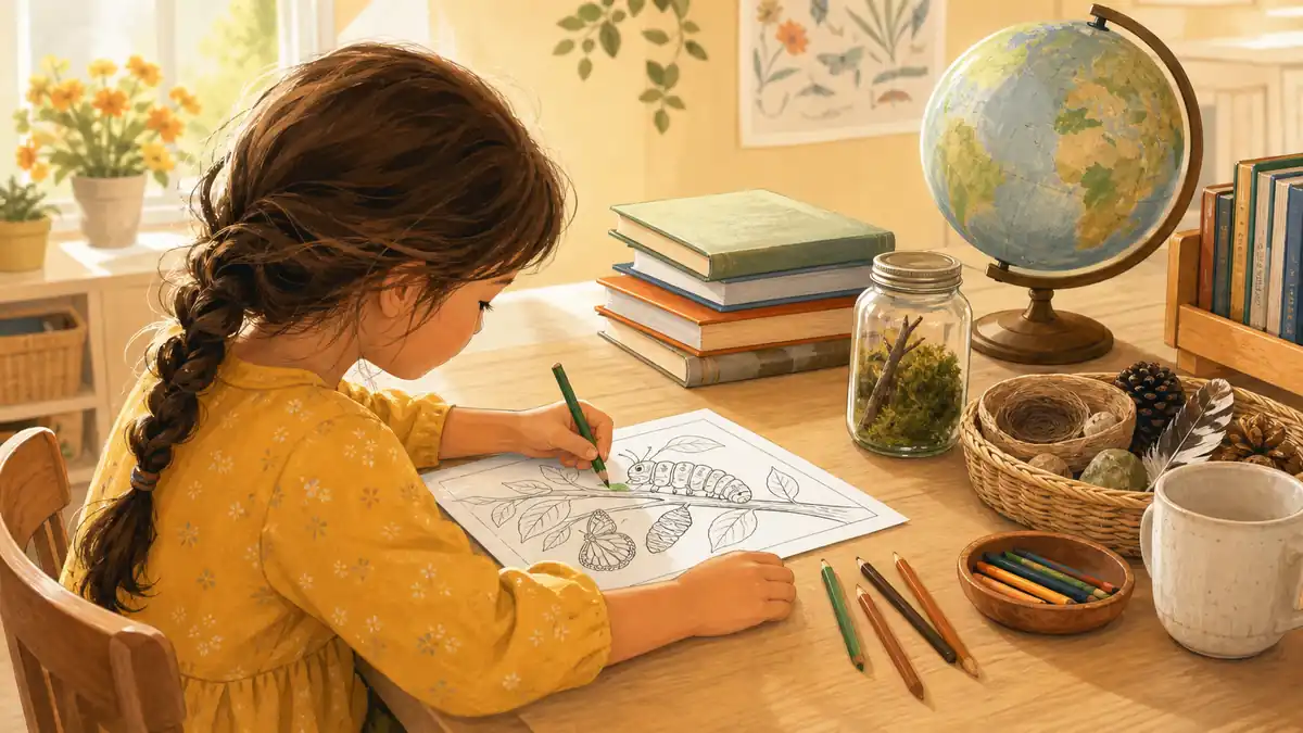 Homeschool child using coloring pages as part of morning basket curriculum