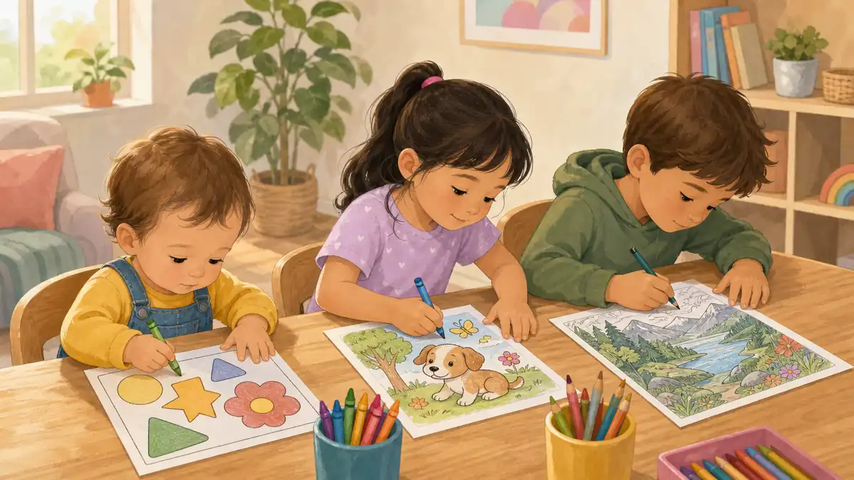 Children of different ages coloring age-appropriate pages together