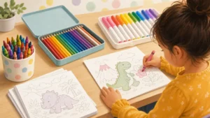 Children's coloring supplies organized — crayons, colored pencils, and markers