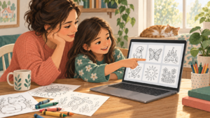 Parent and child choosing printable coloring pages on a laptop