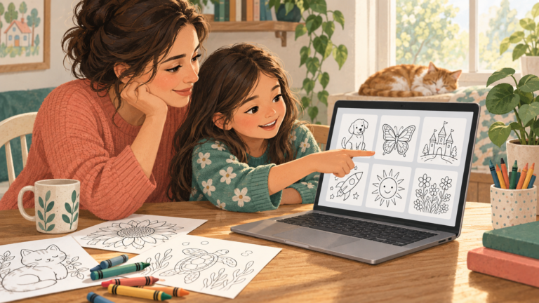 Parent and child choosing printable coloring pages on a laptop