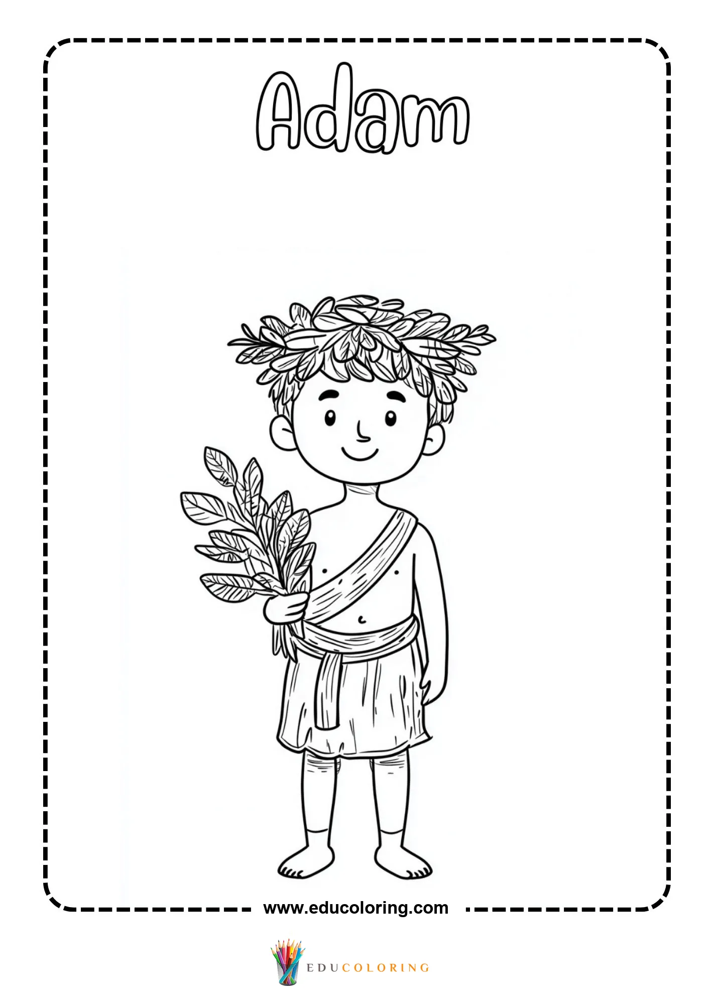 Adam boy with leaf crown holding leafy branches