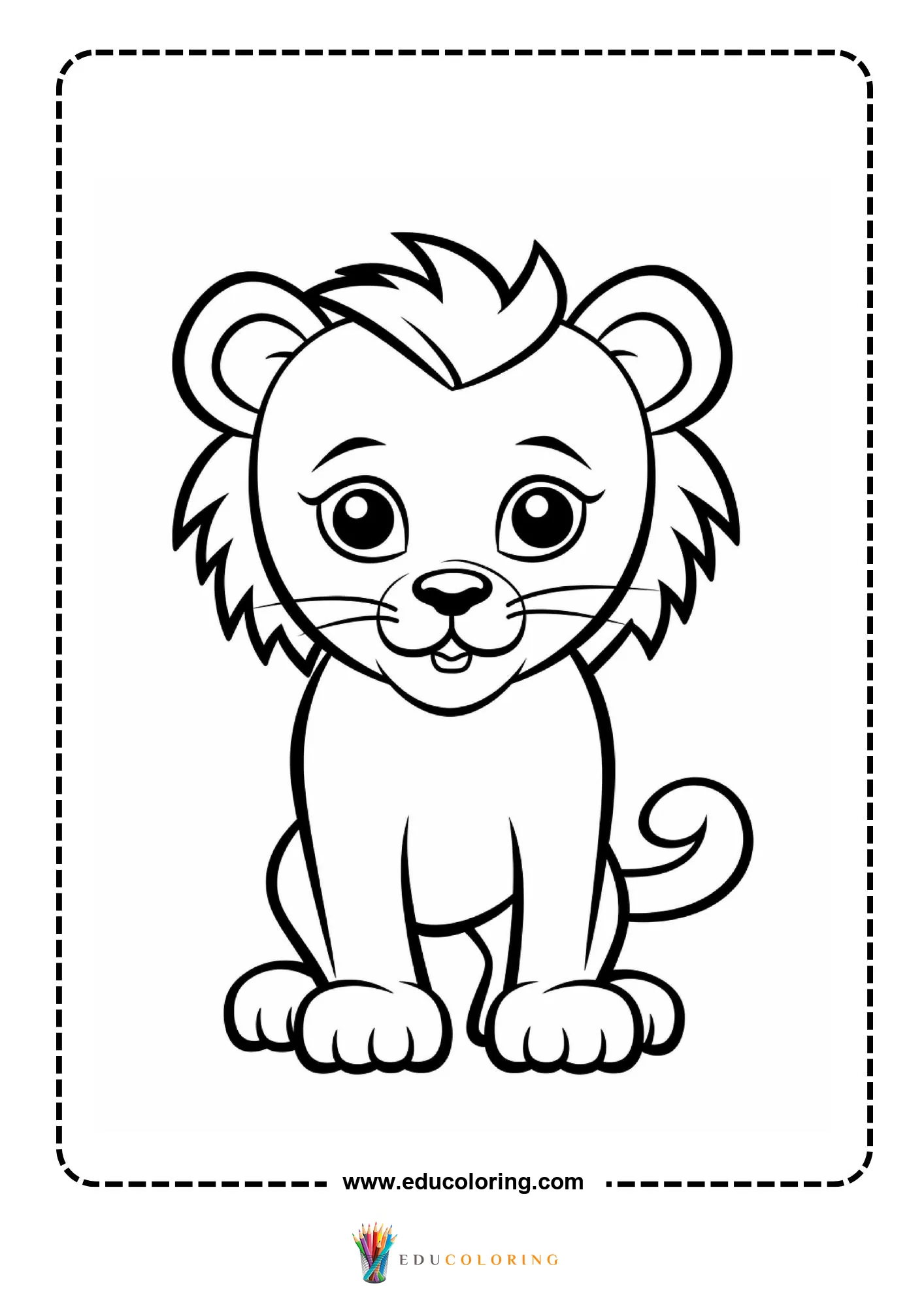 Bold young lion cub sitting with simple mane