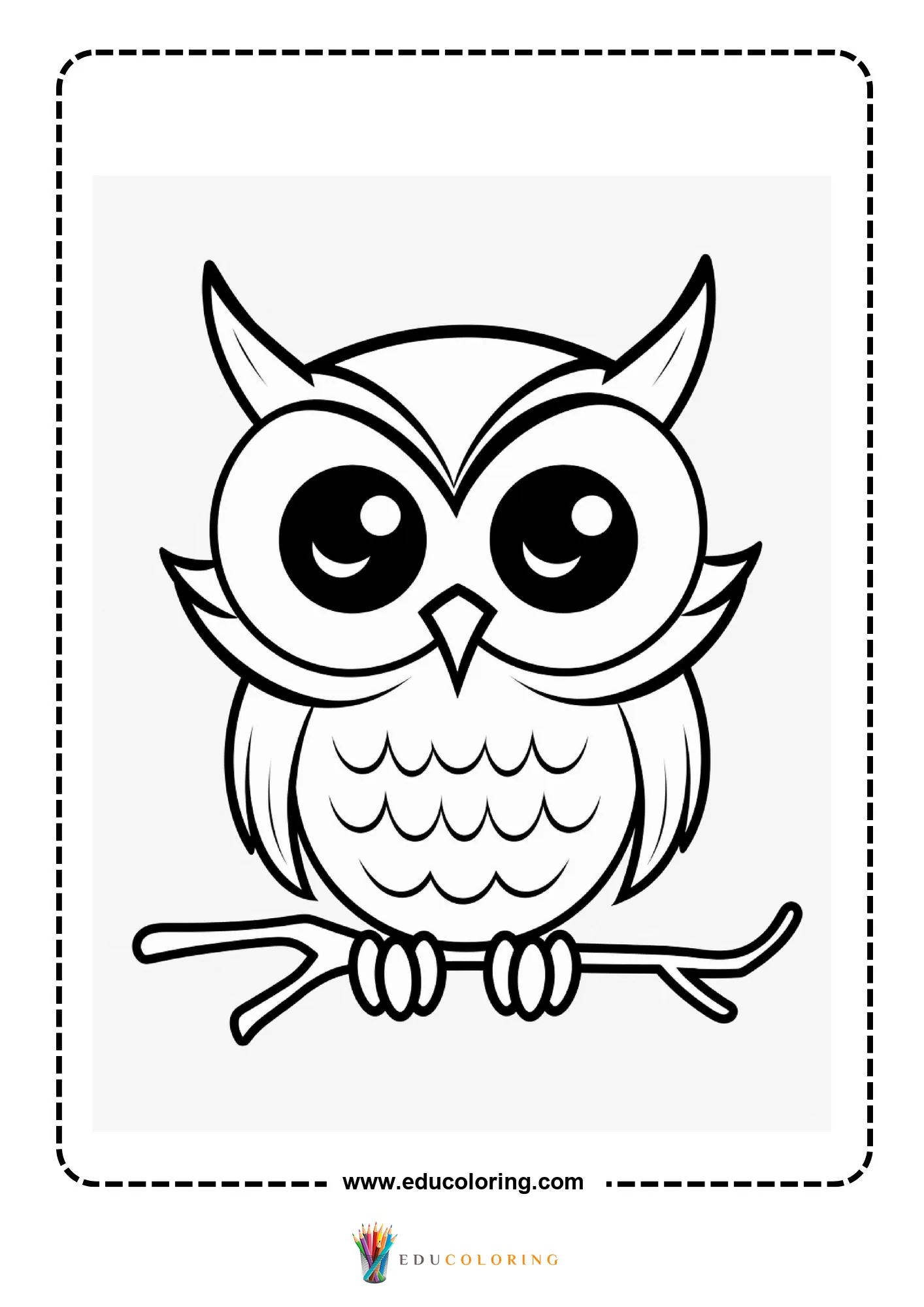 Cute owl sitting on branch with feather details