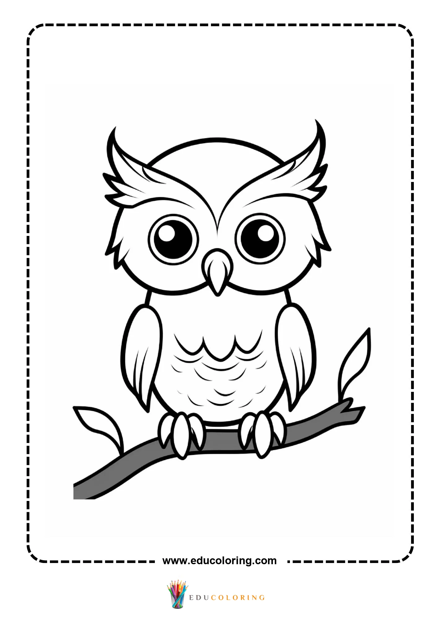 Fluffy owl on leafy branch with bold outlines