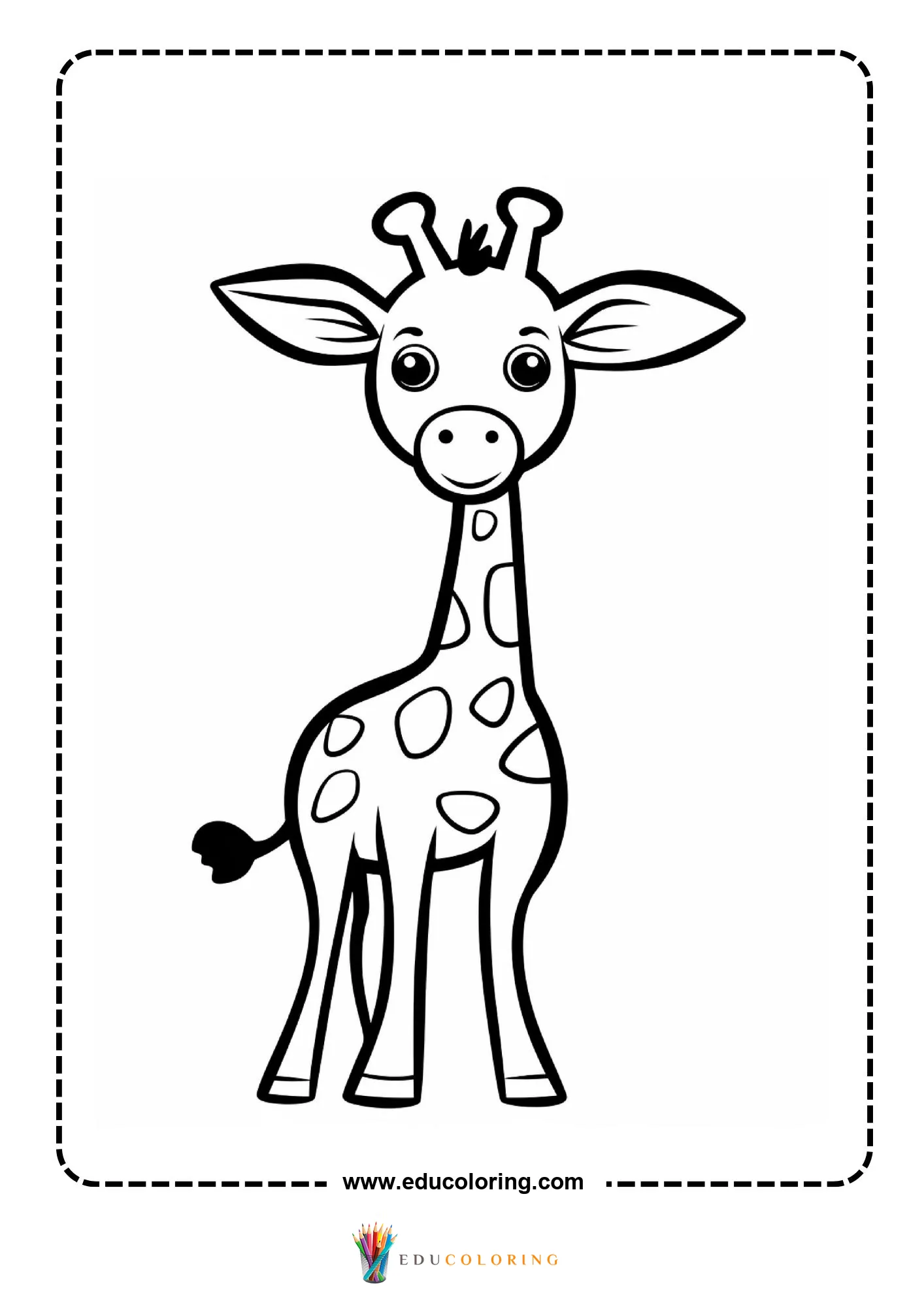 Cute baby giraffe with bold spots facing forward