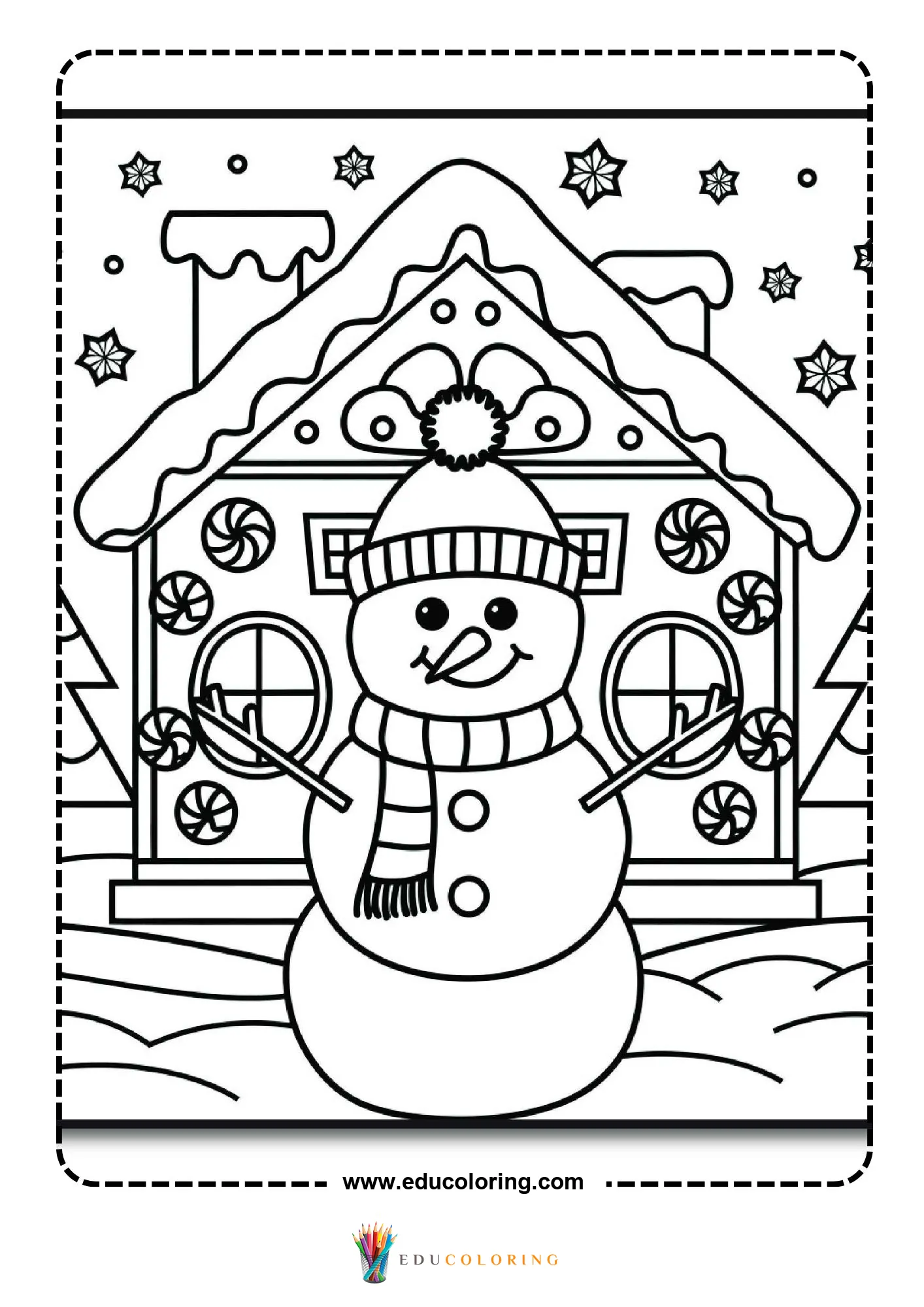 Snowman with beanie hat before candy gingerbread house