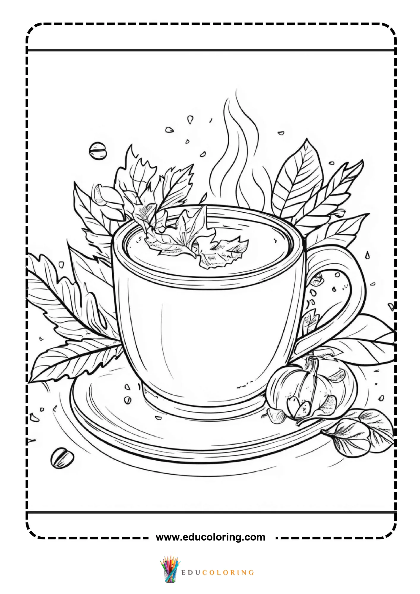 Large steaming tea cup with maple leaf and pumpkin