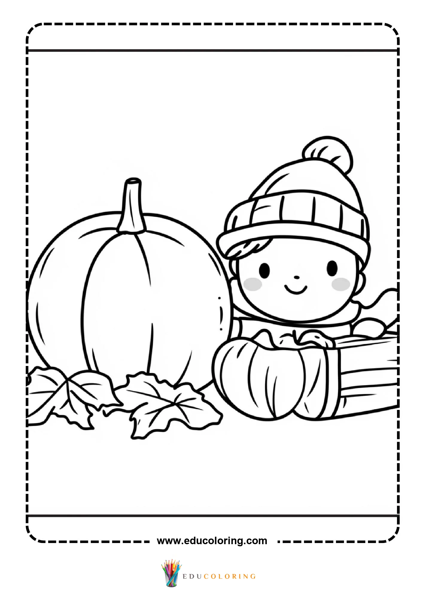 Cute child in beanie peeking over pumpkins on crate