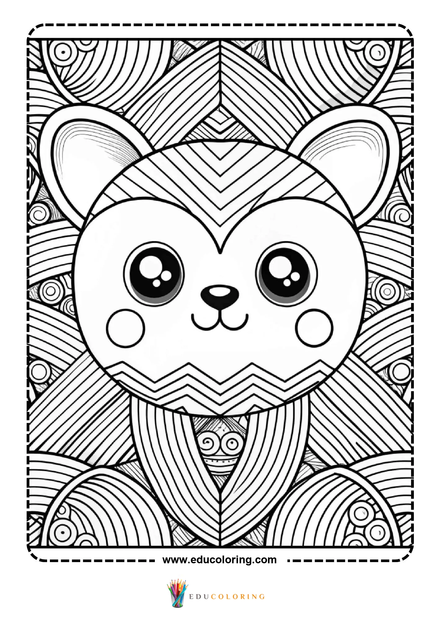 Kawaii bear face with zigzag mandala background pattern