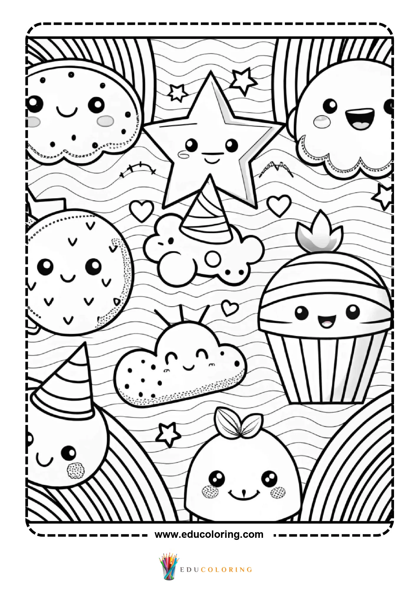 Kawaii food characters scene with star cloud cupcake