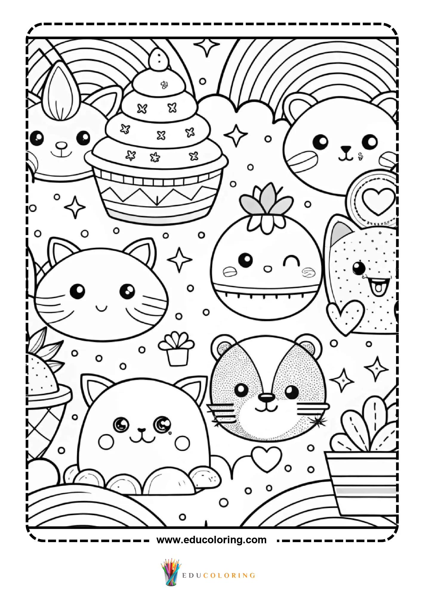 Kawaii squishmallow characters scene with cupcake rainbow