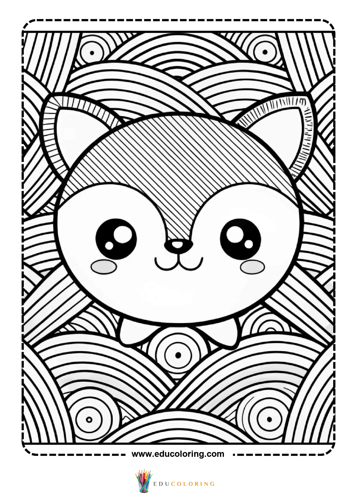 Kawaii cat face with diagonal stripe mandala background