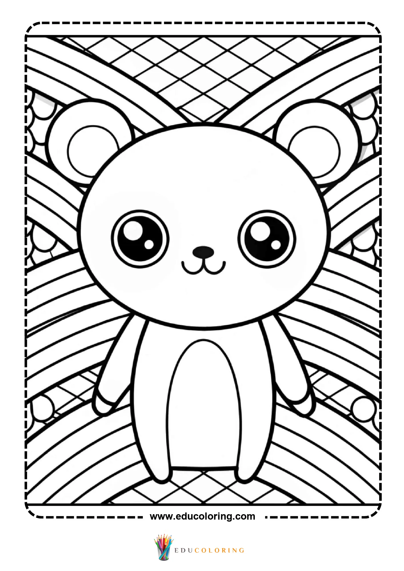 Cute round kawaii bear standing on geometric background