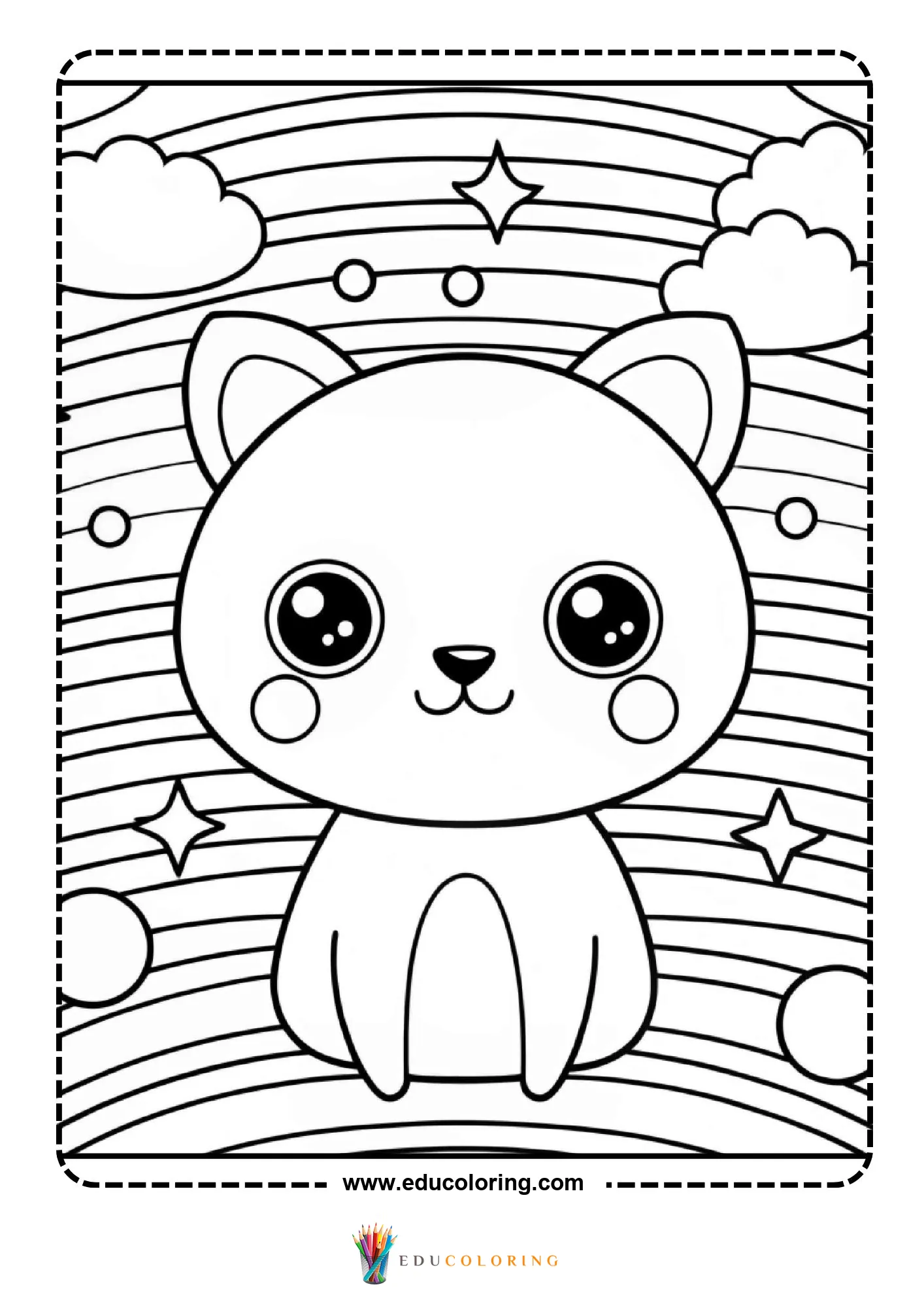 Kawaii cat sitting with rainbow and stars background