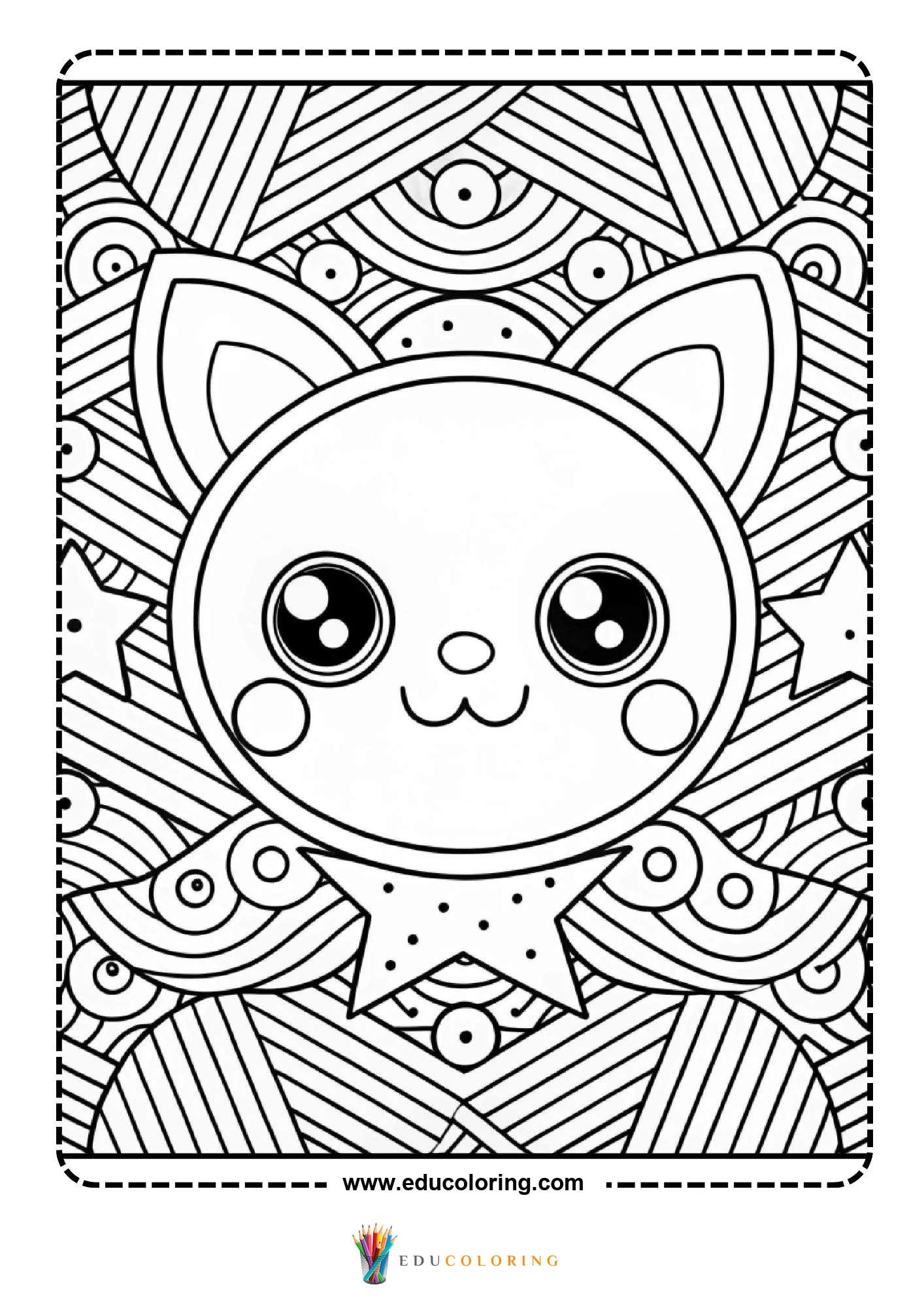 Kawaii cat face with bow tie on zigzag pattern background
