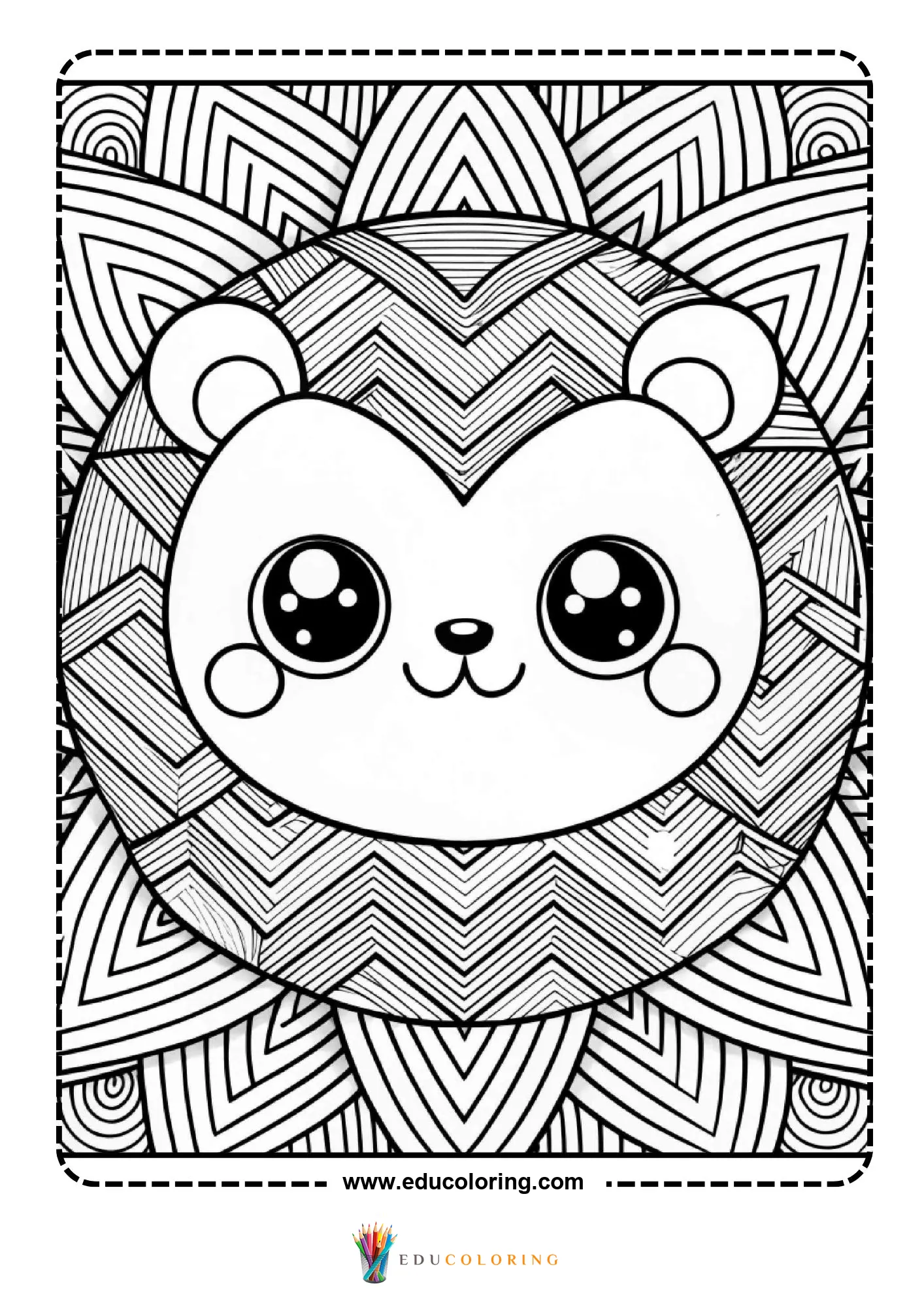 Kawaii bear face with chevron zigzag pattern background
